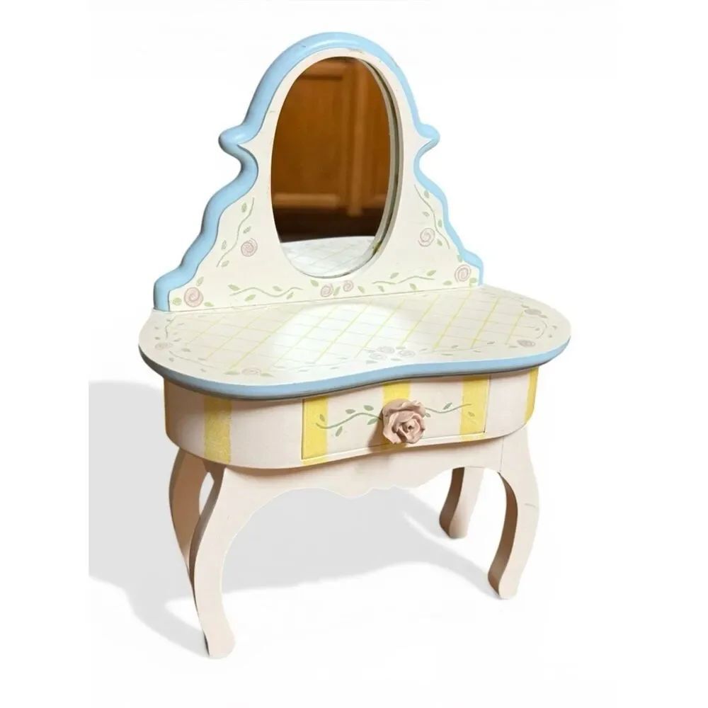 Vintage Doll Vanity with Mirror and Drawer Blue White Pink Yellow 10” x 7” x 4”